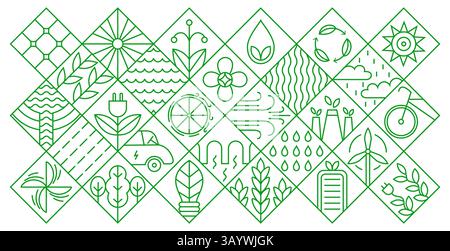 Energy geometry icons. Green environment geometric pattern with minimal line leaf water eco energetic symbols, simple nature energy power icons Stock Vector