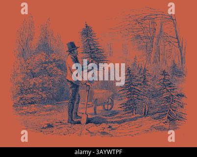 A man dressed in period attire stands in a landscape, carefully planting a young tree amidst a backdrop of lush vegetation and distant structures, with a wheelbarrow nearby. So the Little Fir-Tree Went Off in Its Wheelbarrow, and Tried to Sit in It with a Jaunty Air, As If It Was Only Being Taken for a Pleasant Airing.  Classic art with a modern twist reimagined by Artotop Stock Photo