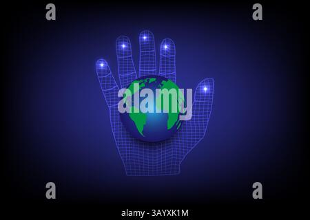 The globe is placed on a high tech hand-woven net of bright light on a dark blue background, vector illustration Stock Vector