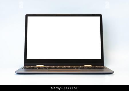 Mock up of modern laptop with white empty screen on blue background photo Stock Photo