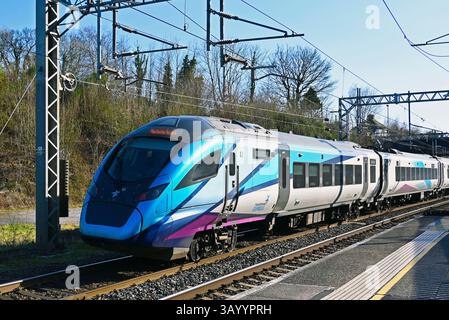 TransPennine Express train at Oxenholme Rail Station, West Coast Main Line, Cumbria, England, United Kingdom, Europe. Stock Photo