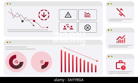 Declining line charts and crisis icons highlight ongoing economic failure, budget loss, financial warning signs, and business collapse Stock Vector