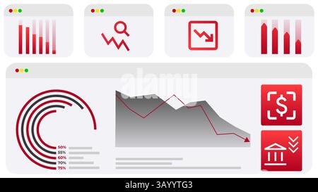 Data visualization with bar graphs and falling line charts emphasizes decreasing investments, declining growth rates, and negative financial Stock Vector