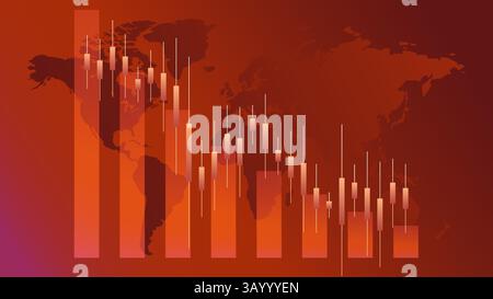 Global candlestick chart over world map illustrates synchronized market downfall,. Economic crisis illustration Stock Vector