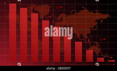 Red bar and line chart with global map shows sharp economic drop across continents, featuring falling values and negative forecasts. Stock Vector