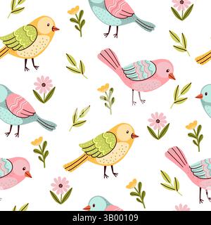 Pastel Birds Seamless Pattern on White Background Stock Vector