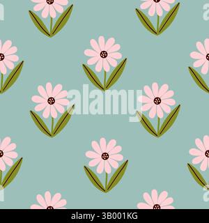 Simple Seamless Pattern with Flowers on Blue Stock Vector