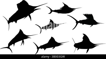 Silhouette depiction of several marlin fish swimming in different directions on a white background Stock Vector