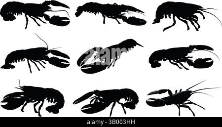 A collection of nine lobster silhouettes arranged on a white background in a grid pattern formation Stock Vector