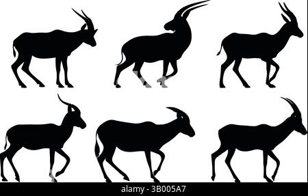 A collection of six similar antelope silhouettes in various walking poses on a white background Stock Vector