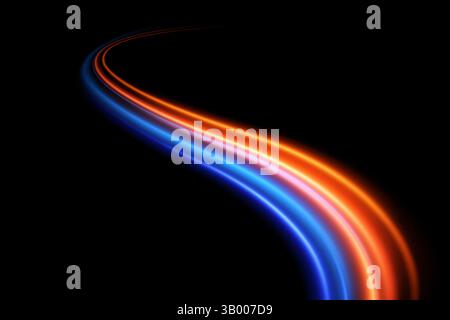 Dynamic curved light trails in beautiful blue and orange colors create a striking and captivating visual effect Stock Vector