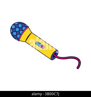 90s stage microphone. Vector icon of recording device. Pop art audio device for music record and vocal performance. Vintage wired mic for sound. Stock Vector