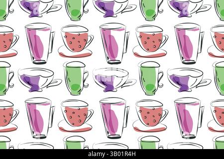 Colourful cup seamless pattern. Hand drawn ink brush sketch line graphic art work, doodle scribble linear style design. Bright colour transparent Stock Vector
