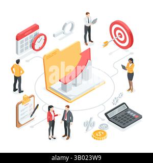 isometric vector business concept with people and icons of folder with chart and target with arrow, in color on white background, strategy for success Stock Vector