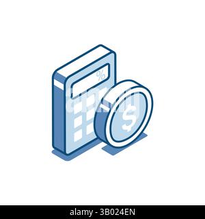 isometric vector linear icon of calculator and dollar coin, in color on white background, financial work or accounting Stock Vector