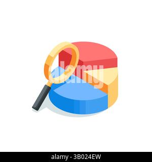 isometric vector pie chart and magnifying glass icon, in color on white background, statistics analysis or data processing Stock Vector
