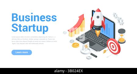 isometric vector landing page on the topic of business startup, in color on a white background, a laptop with a launch rocket and a chart of coins wit Stock Vector