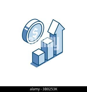 isometric vector linear icon of chart with arrow and dollar coin, in color on white background, financial growth or success Stock Vector