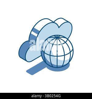 isometric vector linear icon cloud and globe, in color on white background, cloud storage on the internet Stock Vector