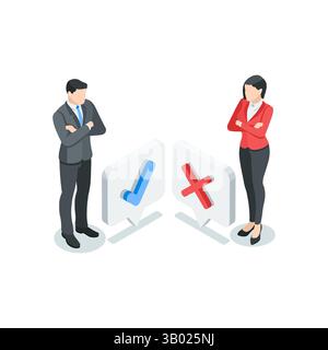 isometric vector business man and woman near cross and check mark icons, in color on white background, approval or rejection Stock Vector