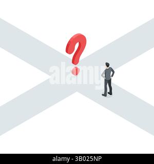 isometric vector business man at crossroads and question mark, in color on white background, choosing the right path Stock Vector