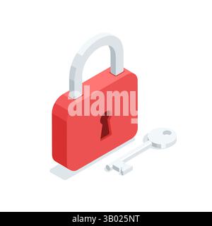 isometric vector lock and key icon, in color on a white background, strong protection or password Stock Vector