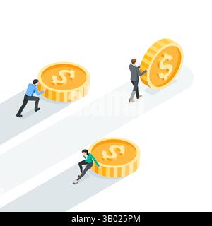 isometric vector concept on the topic of business competition or success strategy, in color on a white background, business people pushing a coin with Stock Vector