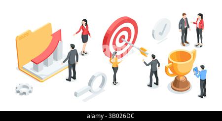 isometric vector business concept with people and icons of cup and target with arrow, in color on white background, strategy for success or achieving Stock Vector
