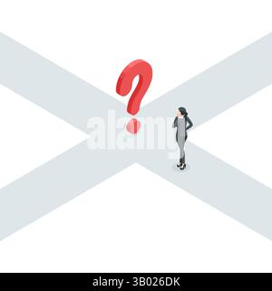 isometric vector business woman at crossroads and question mark, in color on white background, choosing the right path Stock Vector