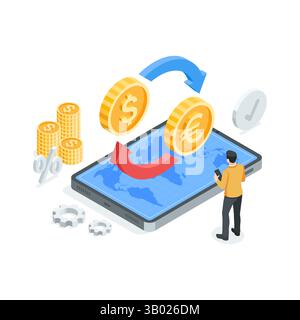 isometric vector business man near tablet with money change icon and stack of coins with dollar sign, in color on a white background, currency exchang Stock Vector