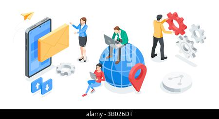 isometric vector icon smartphone and envelope and people with phones and laptops near the globe and gears, in color on white background, receiving and Stock Vector