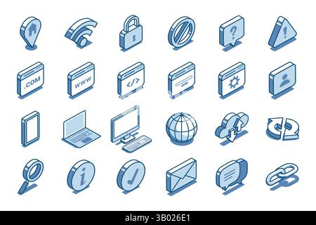 Isometric vector set of linear badges on the theme of computers and the Internet, in color on a white background, IT technology and SEO Stock Vector
