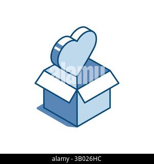 isometric vector linear icon of heart and open box, in color on white background, donations and charity Stock Vector