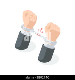 isometric vector male hands in handcuffs connected by chain, in color on a white background, restricted person or prisoner and desire for freedom Stock Vector