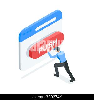 isometric vector man pushing big red button in program window, in color on white background, do action or perform task Stock Vector