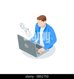 isometric vector icon of man with laptop, in color on white background, IT specialist or moderator Stock Vector