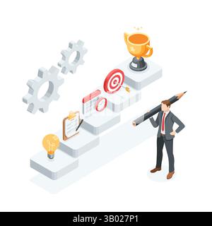 isometric vector staircase with cup icons with target and arrow and calendar and plan on sheet of paper, in color on white background, path from idea Stock Vector