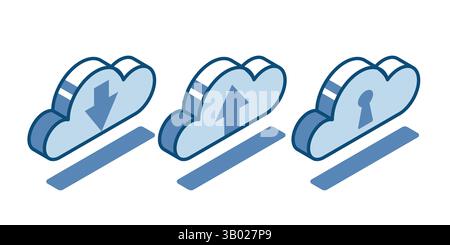 Isometric vector set of linear icons cloud with up and down arrows and keyhole, in color on white background, upload and download to cloud and data pr Stock Vector