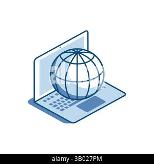 isometric vector linear icon globe and laptop, in color on white background, global internet network or social networks for work Stock Vector