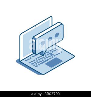 isometric vector linear icon laptop and text bubble, in color on white background, chat or internet message Stock Vector