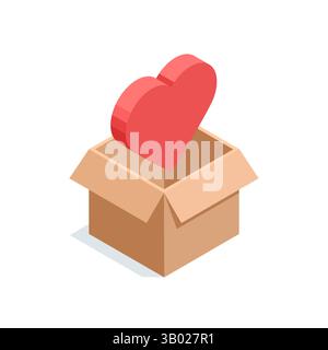 isometric vector icon of heart and open box, in color on white background, donations and charity Stock Vector