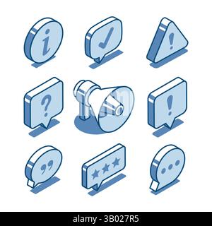 isometric vector set of linear icons of text bubbles with question and exclamation with stars and check mark and loudspeaker, in color on white backgr Stock Vector