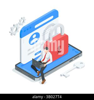isometric vector man with laptop on smartphone screen and padlock with browser window, in color on white background, login and password or account log Stock Vector