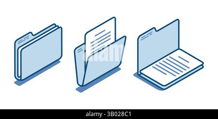 isometric vector folder linear icons with document, in color on a white background, design element or paper work with data Stock Vector
