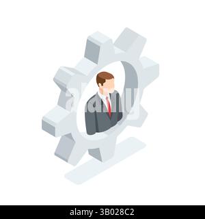isometric vector icon of business man inside gear, in color on white background, administrator or worker profile settings Stock Vector