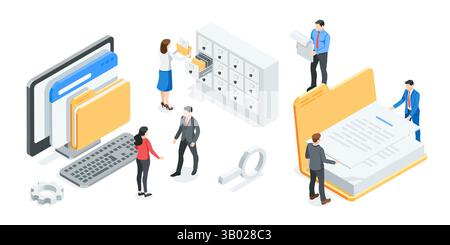 isometric vector business people with folders in archive, in color on white background, office work with archive Stock Vector