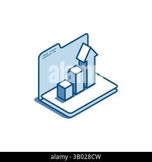 isometric vector linear icon open folder and chart with arrow, in color on white background, financial growth or statistical data analysis Stock Vector