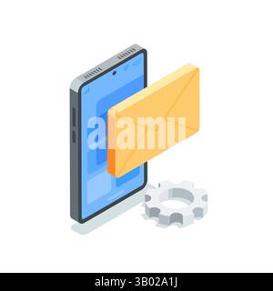isometric vector icon smartphone and envelope, in color on white background, new incoming message or email Stock Vector