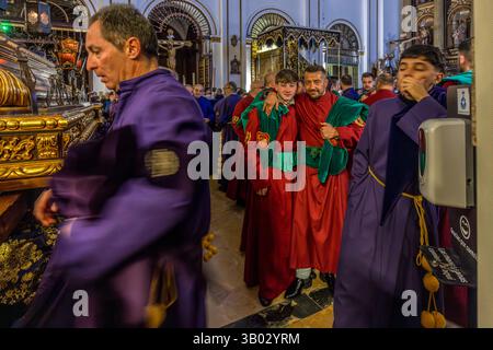 Preparation for the Good Friday procession Camino del Calvario in the Iglesia Parroquial de El Salvador. Plaza Salvador, Cuenca, Castilla-La Mancha, Spain Stock Photo