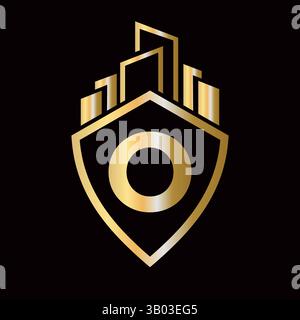 Real Estate Logo On Letter O Concept With Building and Shield Symbol. Building Symbol Stock Vector